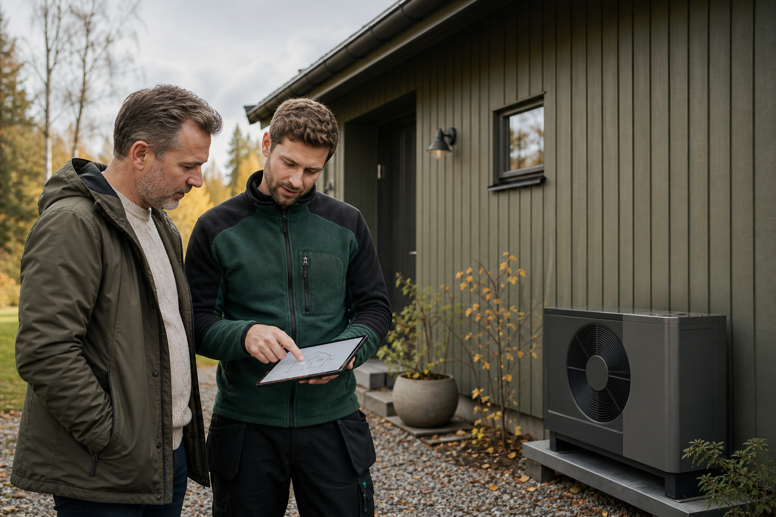 Villaägare och installatör diskuterar värmepumpslösning utanför huset