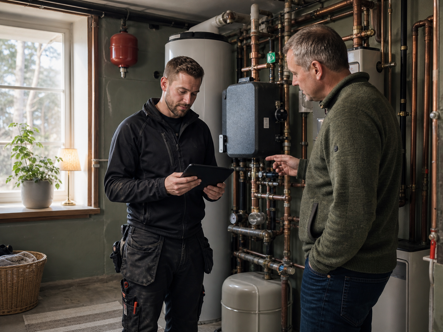 Installatör och villaägare går igenom husets befintliga värmesystem